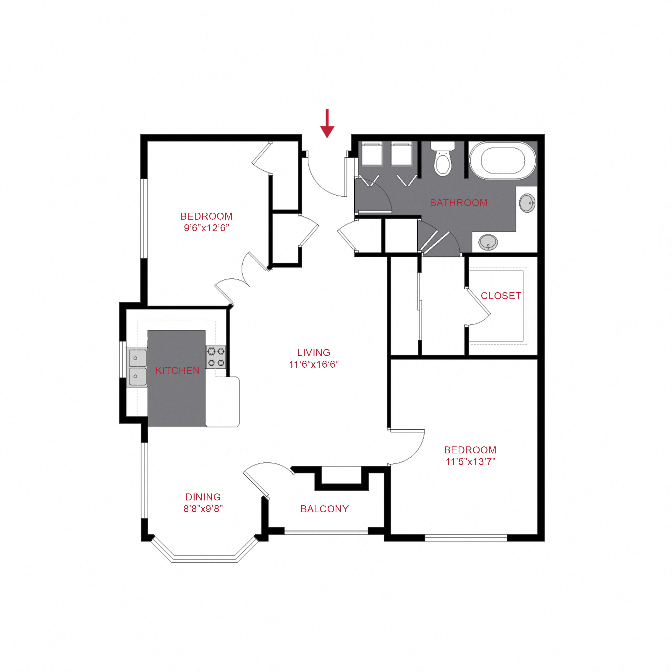 Floor plan for 1 bed, 1 bath, 1045 sqft
